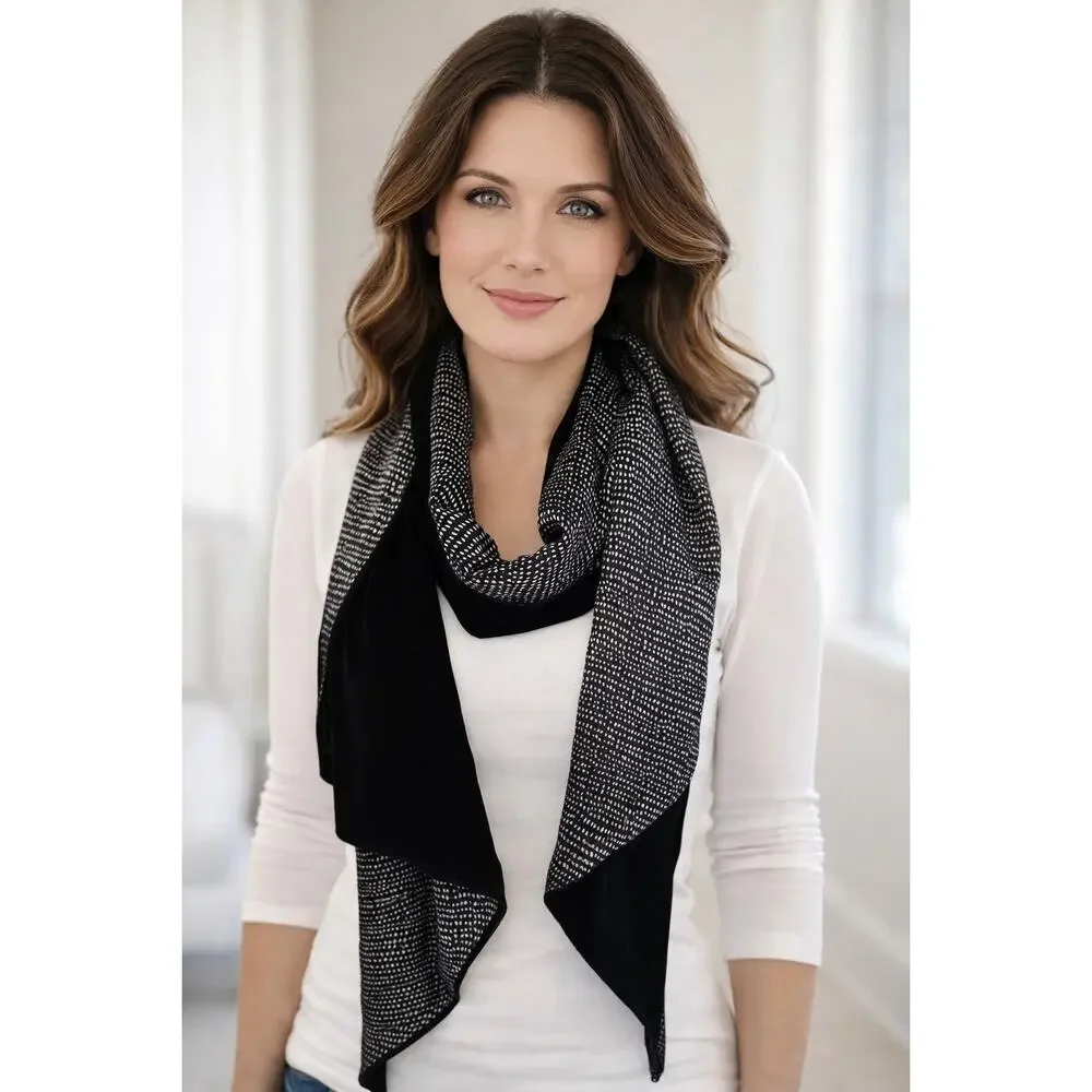 Two-Sided Scarf Black Velvet & Black White Geo Print Classy